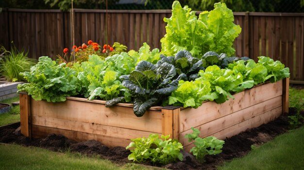 Foto jardín de lecho elevado de madera para verduras y lechuga