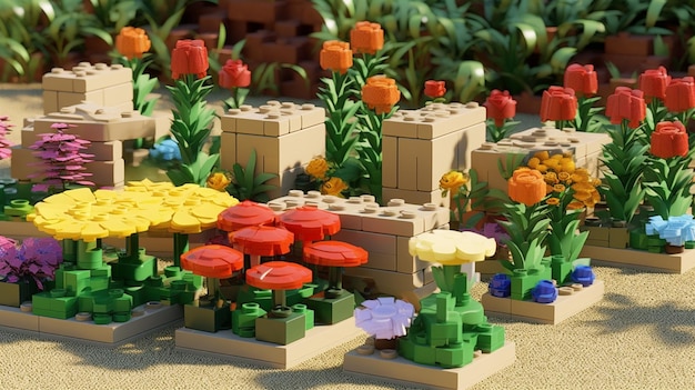 Un jardín de lego con una pared de ladrillos y flores.