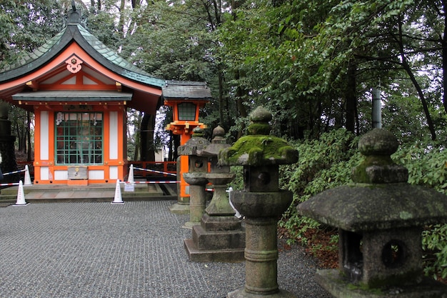 un jardín con linternas de piedra y jardines de Japón