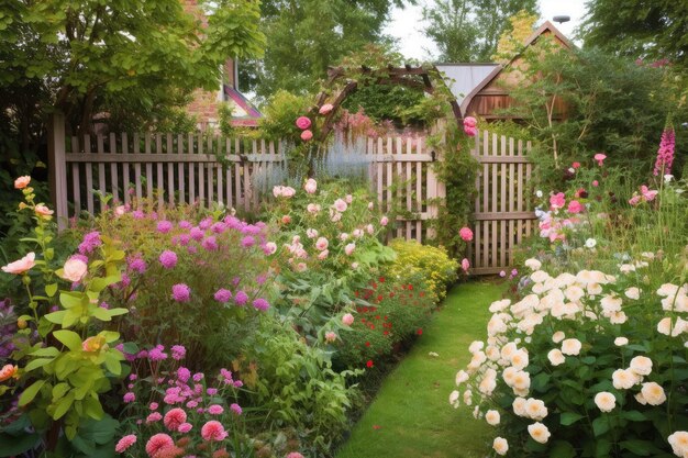 Un jardín lleno de flores florecientes y rodeado por una cerca de enrejado