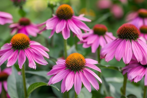 Foto un jardín lleno de vibrantes coníferas púrpuras echinacea purpurea con su centro redondo amarillo y pétalos rosados oscuros