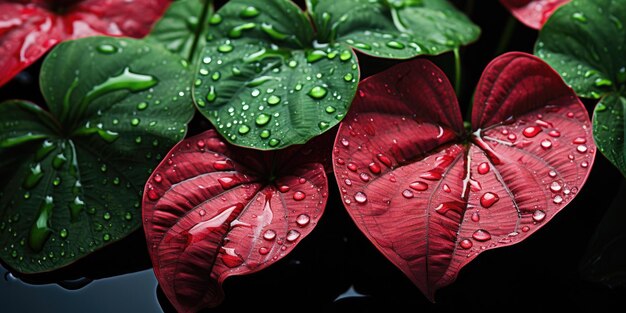 Jardín lluvioso Primer plano de flores y hojas con gotas de lluvia