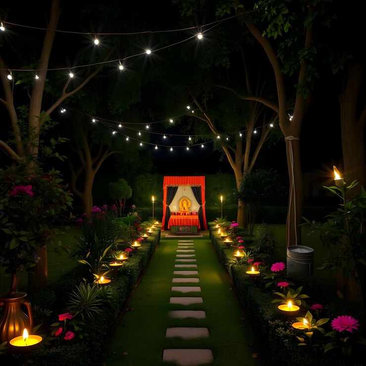 un jardín con luces y un letrero que dice linterna