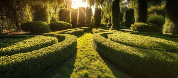 Jardín a la luz del sol Paisajismo en jardín con hermoso césped verde Imagen generada por IA