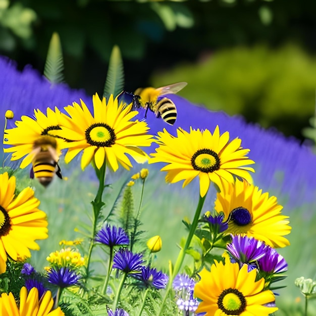 Jardín mágico con abejas y flores pastel