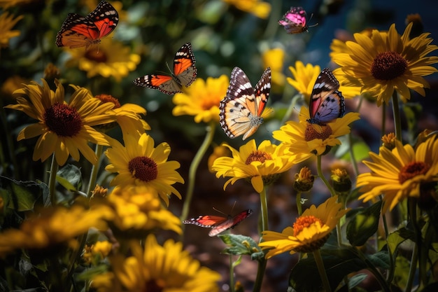 Jardín mágico flores danzantes mariposas y arroyo sereno generativo IA