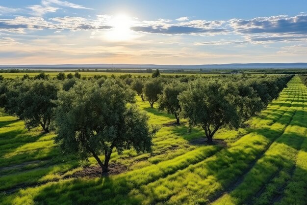 Jardín de manzanas plantadas en hileras pares en un día soleado