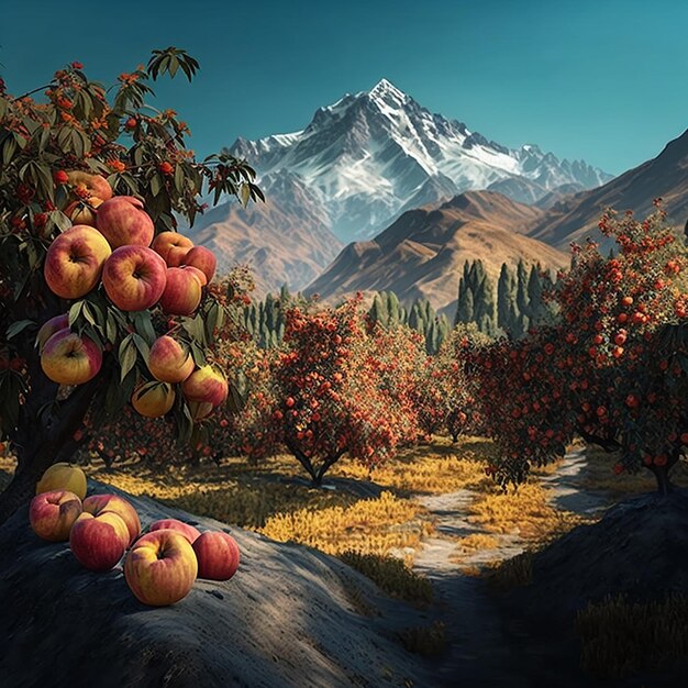 Jardín de manzanas rojas Imagen de fondo de fantasía de Cachemira Arte generado por IA