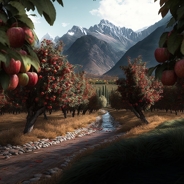 Jardín de manzanas rojas Imagen de fondo de fantasía de Cachemira Arte generado por IA