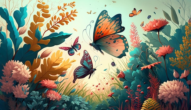 Jardín de mariposas Una ilustración caprichosa de la IA generativa de verano