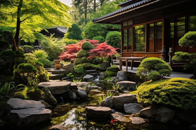 Foto a de un jardín de meditación con un estanque de koi jardín de roca zen