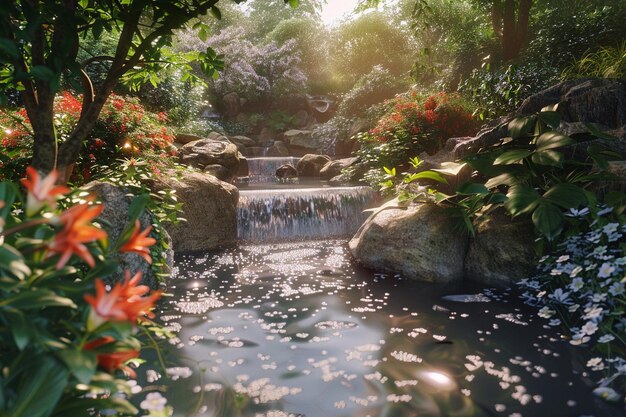 Un jardín de meditación pacífico con una estrea burbujeante