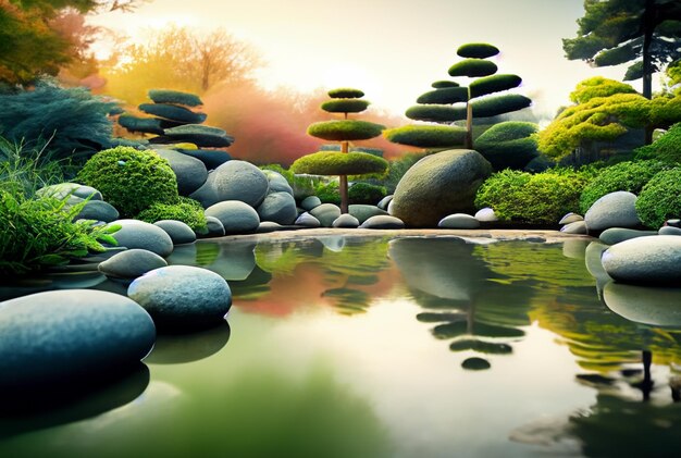 Foto jardín de meditación tranquilo con elementos zen como rocas y un estanque tranquilo