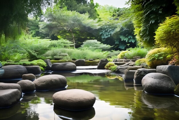 Jardín de meditación tranquilo con elementos Zen como rocas y un estanque tranquilo