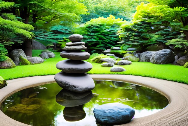 Jardín de meditación tranquilo con elementos Zen como rocas y un estanque tranquilo