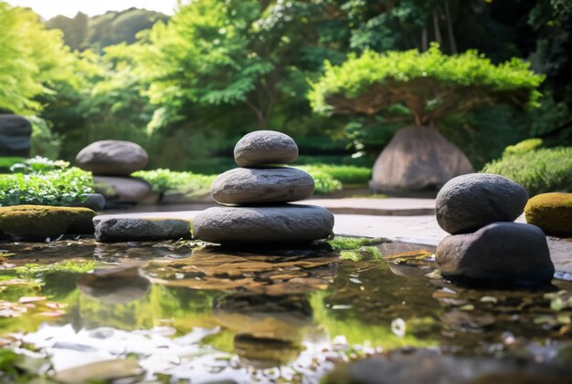 Foto jardín de meditación tranquilo con elementos zen como rocas y un estanque tranquilo