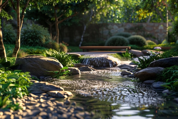 Un jardín de meditación tranquilo con una estrea burbujeante