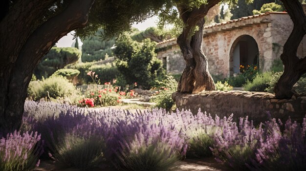 Foto un jardín mediterráneo con olivos y lavanda