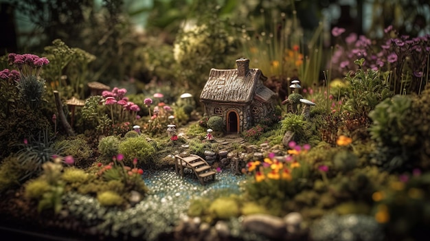 Un jardín en miniatura con una casa y un estanque.