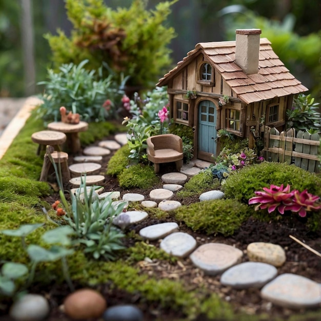 un jardín en miniatura con una casa y un jardín con un pequeño jardín en el fondo