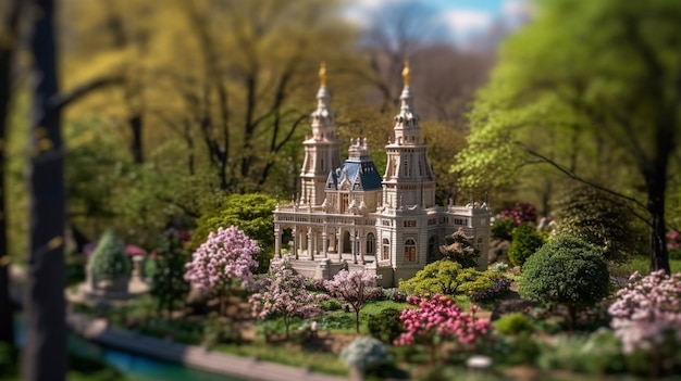 Un jardín en miniatura con un castillo al fondo.