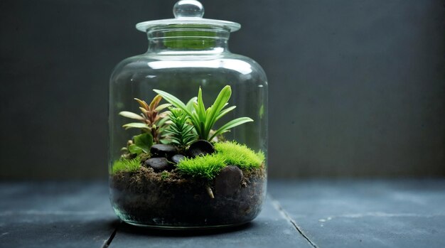 Jardín en miniatura en un terrario de vidrio