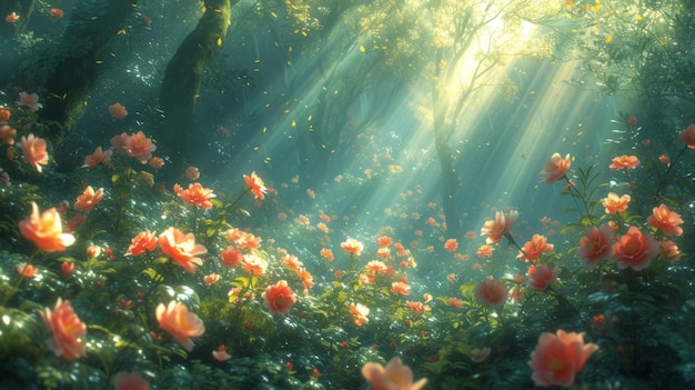 Jardín místico de flores en el bosque encantado