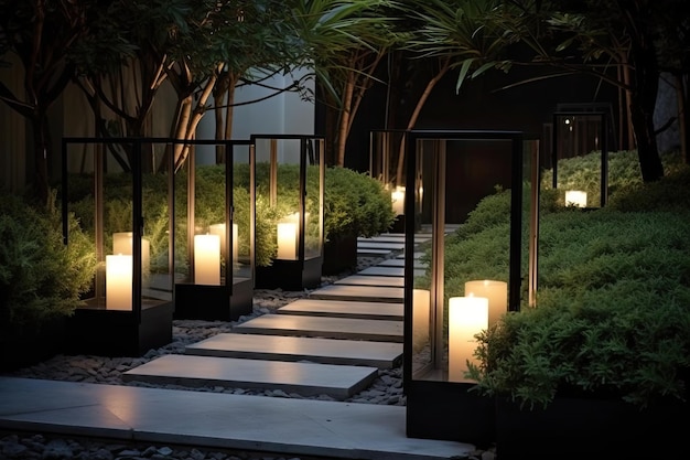 Jardín moderno con faroles elegantes e iluminación minimalista que crea un ambiente tranquilo