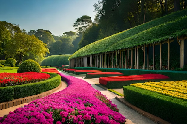 Un jardín con muchas flores y un seto verde.
