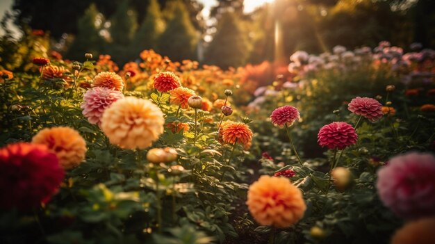 Un jardín con muchas flores