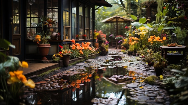 Jardín con muchas plantas y animales