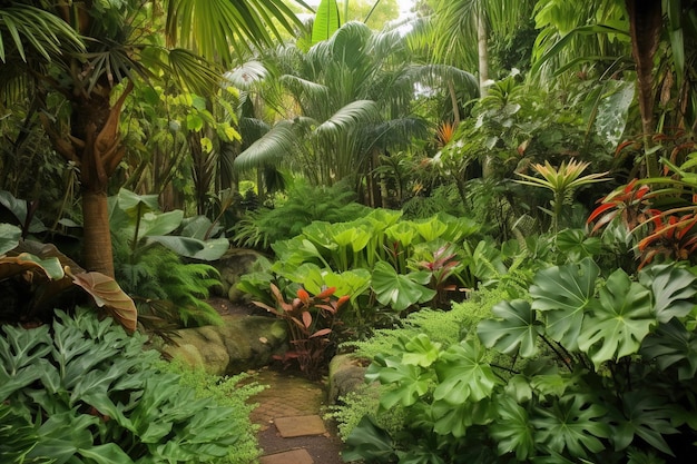 Un jardín con muchas plantas y árboles.