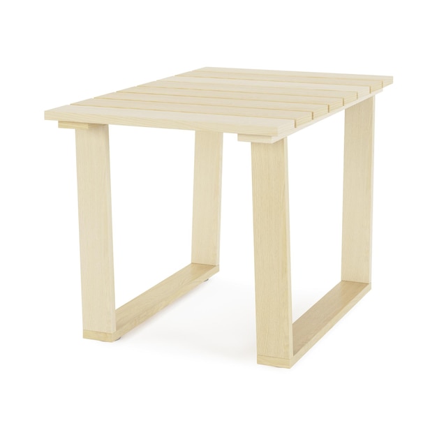 Jardín, muebles de exterior aislado sobre fondo blanco. Mesa de centro de madera. Trazado de recorte incluido. Representación 3D.