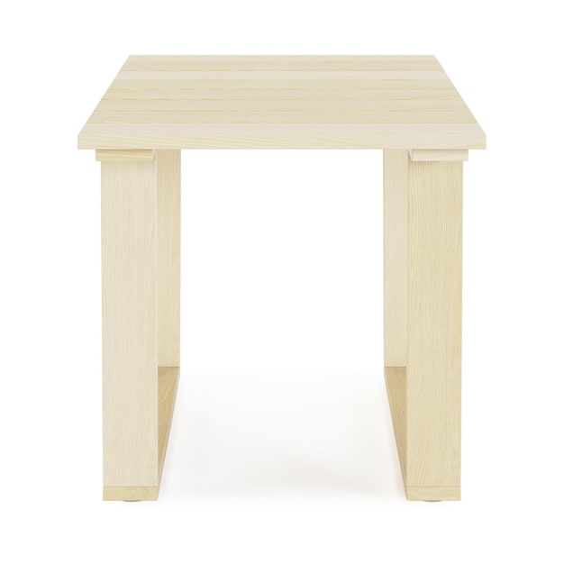 Jardín, muebles de exterior aislado sobre fondo blanco. Mesa de centro de madera. Trazado de recorte incluido. Representación 3D.