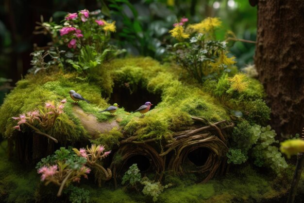 Jardín de musgo con flores florecientes y nidos de pájaros en el tronco de un árbol