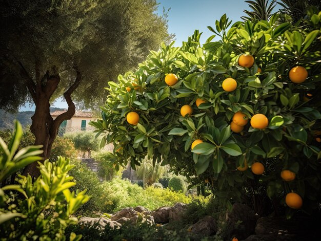 Jardín de naranjas con frutas de naranja ai generativo