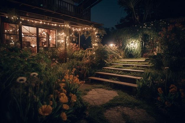 El jardín de noche con las luces encendidas