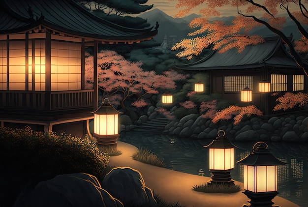 Jardín nocturno japonés Linternas nocturnas en Japón Jardín Tradición Dibujo Resumen Generativo AI Ilustración