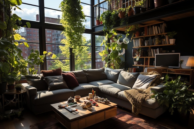 Jardín o planta gigante que crece demasiado en el interior del apartamento Estilo de diseño de sala de estar con pared verde