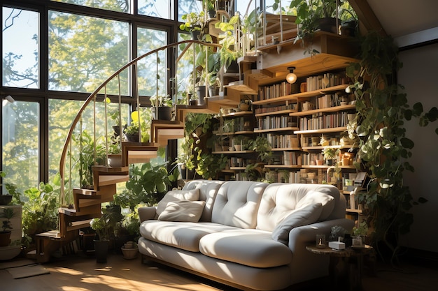 Jardín o planta gigante que crece demasiado en el interior del apartamento Estilo de diseño de sala de estar con pared verde