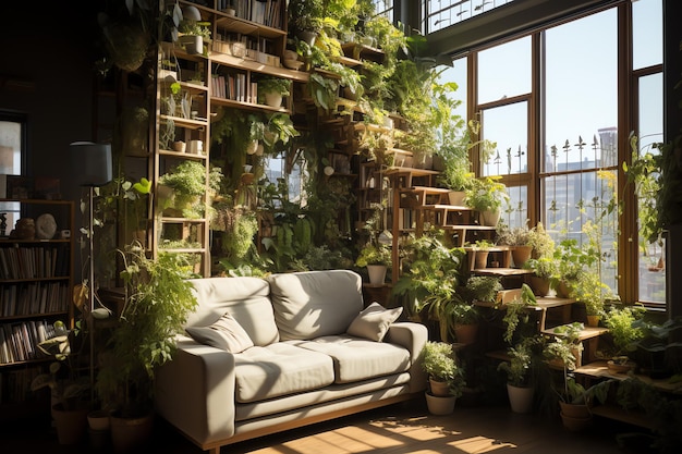 Jardín o planta gigante que crece demasiado en el interior del apartamento Estilo de diseño de sala de estar con pared verde