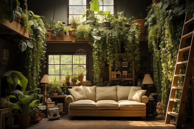 Jardín o planta gigante que crece demasiado en el interior del apartamento Estilo de diseño de sala de estar con pared verde