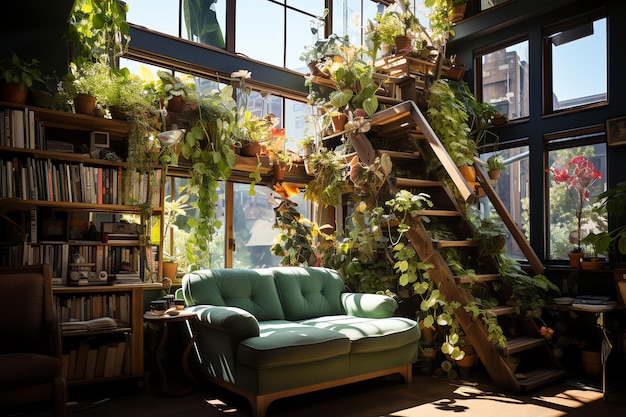 Jardín o planta gigante que crece demasiado en el interior del apartamento Estilo de diseño de sala de estar con pared verde