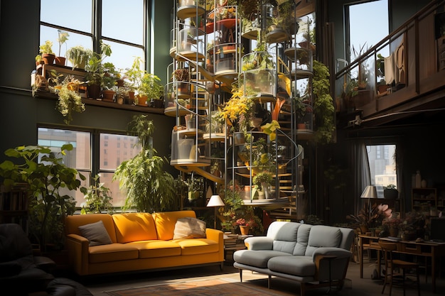 Jardín o planta gigante que crece demasiado en el interior del apartamento Estilo de diseño de sala de estar con pared verde