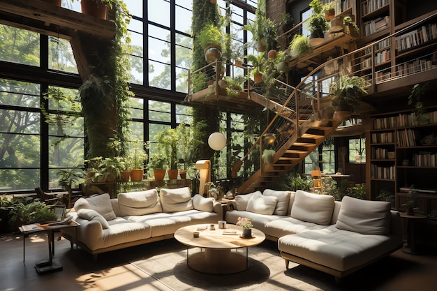 Jardín o planta gigante que crece demasiado en el interior del apartamento Estilo de diseño de sala de estar con pared verde