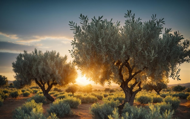 Jardín de olivos al atardecer Hermoso paisaje