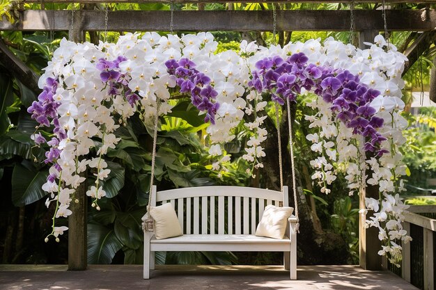 Jardín de orquídeas con pérgola y área de asientos