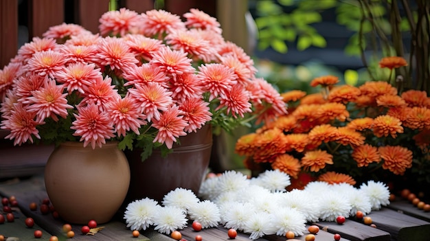 Jardín de otoño con crisantemos en flor