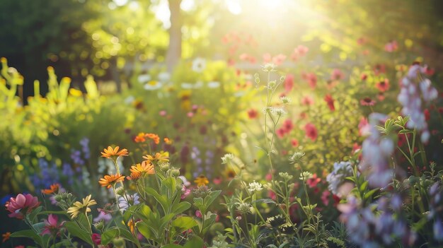 Un jardín pacífico lleno de flores en flor con la luz del sol fluyendo a través del follaje. Ilustración generada por IA