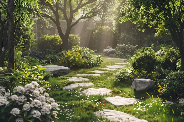 Un jardín pacífico con un sendero de piedra